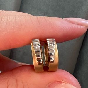 Two-toned Solid Gold Huggies with diamonds